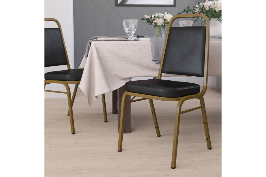 BLNK™ HERCULES Series Vinyl Trapezoidal Back Stacking Banquet Chair with Gold Frame - Black