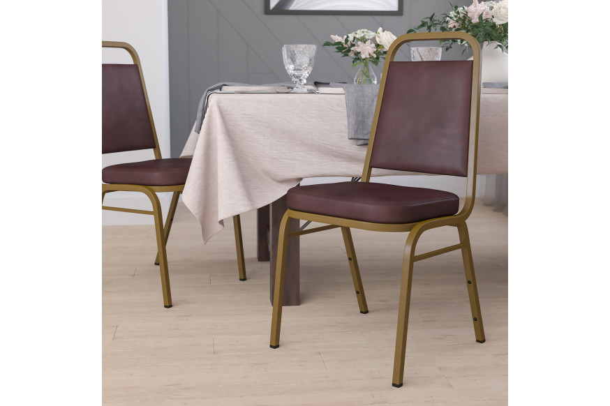 BLNK™ HERCULES Series Vinyl Trapezoidal Back Stacking Banquet Chair with Gold Frame - Brown