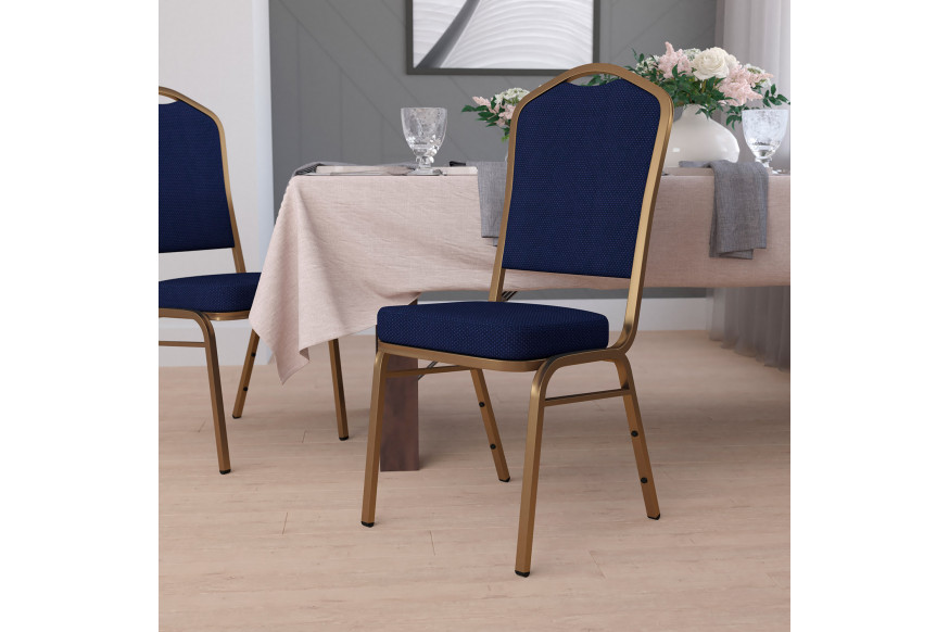 BLNK™ HERCULES Series Fabric Crown Back Stacking Banquet Chair with Gold Frame - Navy Blue Patterned