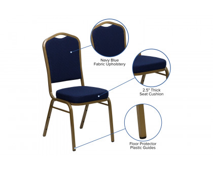 BLNK™ HERCULES Series Fabric Crown Back Stacking Banquet Chair with Gold Frame - Navy Blue Patterned