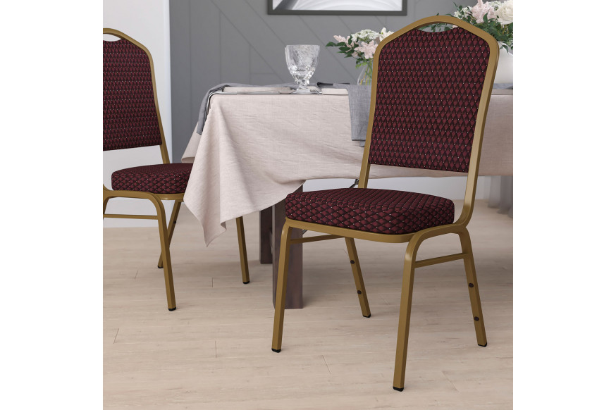 BLNK™ HERCULES Series Fabric Crown Back Stacking Banquet Chair with Gold Frame - Burgundy Patterned