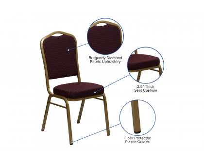 BLNK™ HERCULES Series Fabric Crown Back Stacking Banquet Chair with Gold Frame - Burgundy Patterned