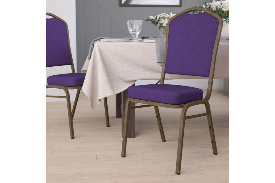 BLNK™ HERCULES Series Fabric Crown Back Stacking Banquet Chair with Gold Vein Frame - Purple