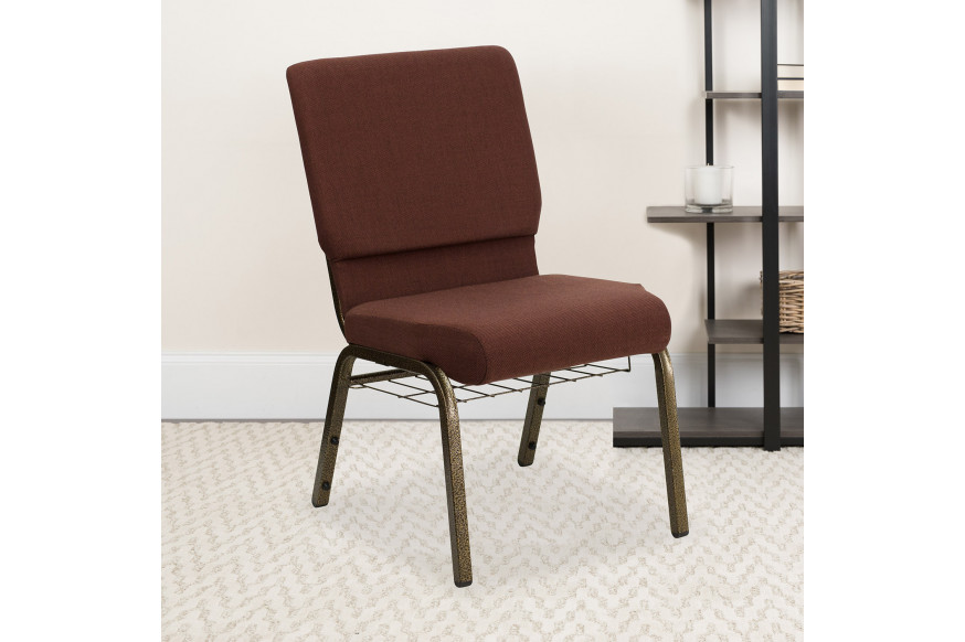 BLNK™ HERCULES Series Fabric Church Chair with Cup Book Rack and Gold Vein Frame - Brown