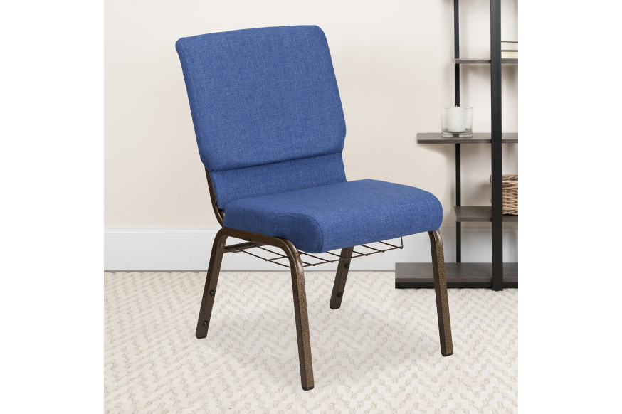 BLNK™ HERCULES Series Fabric Church Chair with Cup Book Rack and Gold Vein Frame - Blue