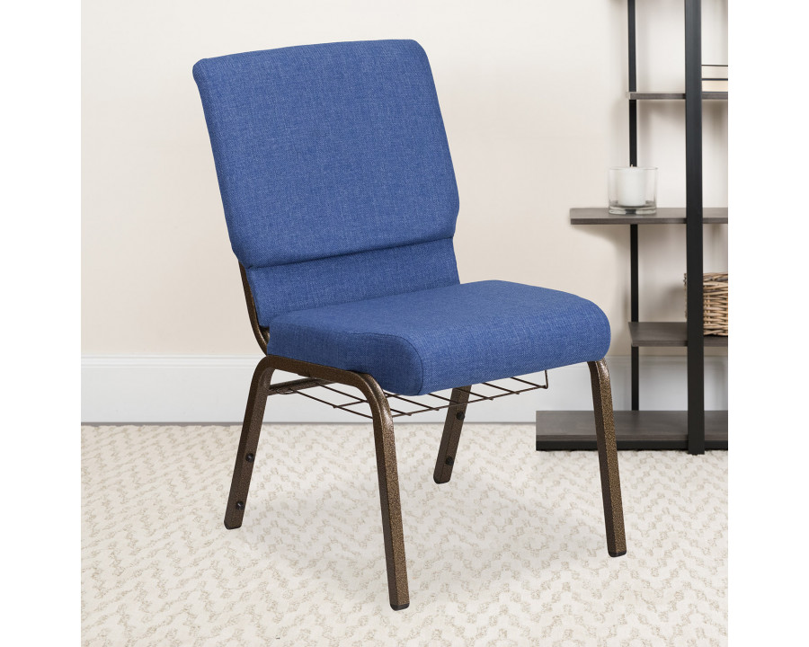 BLNK HERCULES Series Fabric Church Chair with Cup Book Rack and Gold Vein Frame - Blue