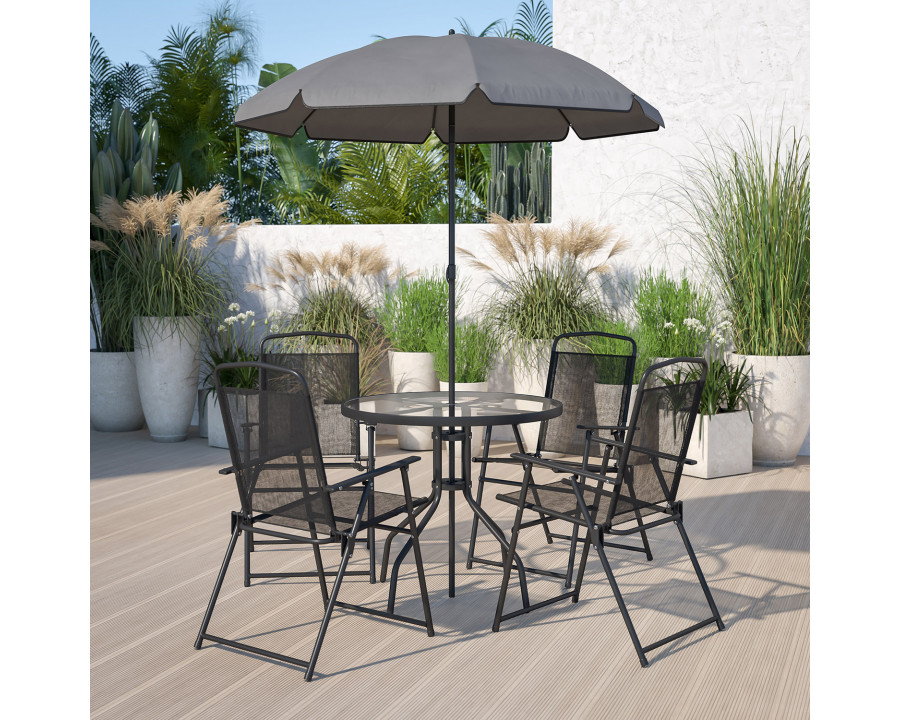 BLNK Nantucket Patio Garden Set with Umbrella Table and Set of 4 Folding Chairs 6 Piece - Black