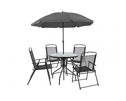 BLNK Nantucket Patio Garden Set with Umbrella Table and Set of 4 Folding Chairs 6 Piece - Black