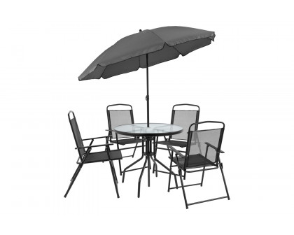 BLNK Nantucket Patio Garden Set with Umbrella Table and Set of 4 Folding Chairs 6 Piece - Black