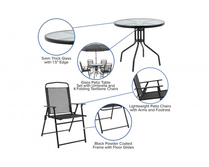 BLNK Nantucket Patio Garden Set with Umbrella Table and Set of 4 Folding Chairs 6 Piece - Black