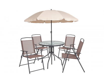 BLNK Nantucket Patio Garden Set with Umbrella Table and Set of 4 Folding Chairs 6 Piece - Brown