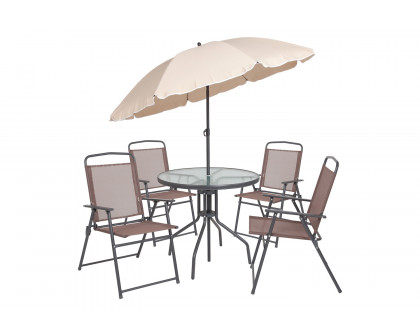 BLNK Nantucket Patio Garden Set with Umbrella Table and Set of 4 Folding Chairs 6 Piece - Brown