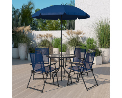 BLNK Nantucket Patio Garden Set with Umbrella Table and Set of 4 Folding Chairs 6 Piece