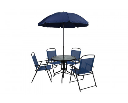 BLNK Nantucket Patio Garden Set with Umbrella Table and Set of 4 Folding Chairs 6 Piece - Navy