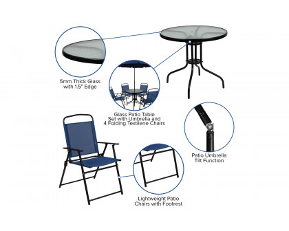 BLNK Nantucket Patio Garden Set with Umbrella Table and Set of 4 Folding Chairs 6 Piece - Navy