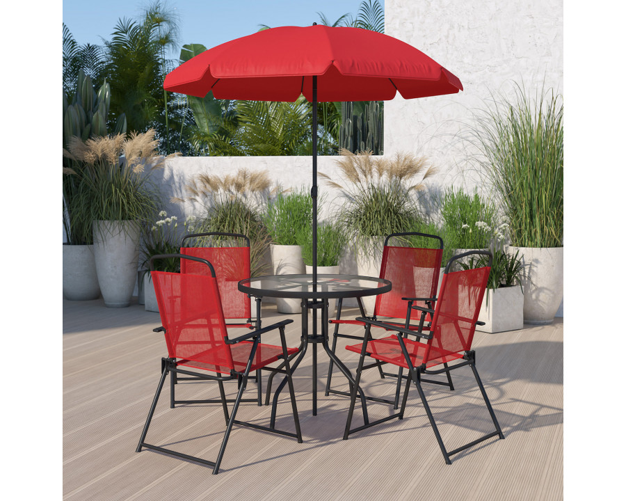 BLNK Nantucket Patio Garden Set with Umbrella Table and Set of 4 Folding Chairs 6 Piece