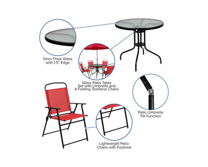 BLNK Nantucket Patio Garden Set with Umbrella Table and Set of 4 Folding Chairs 6 Piece - Red