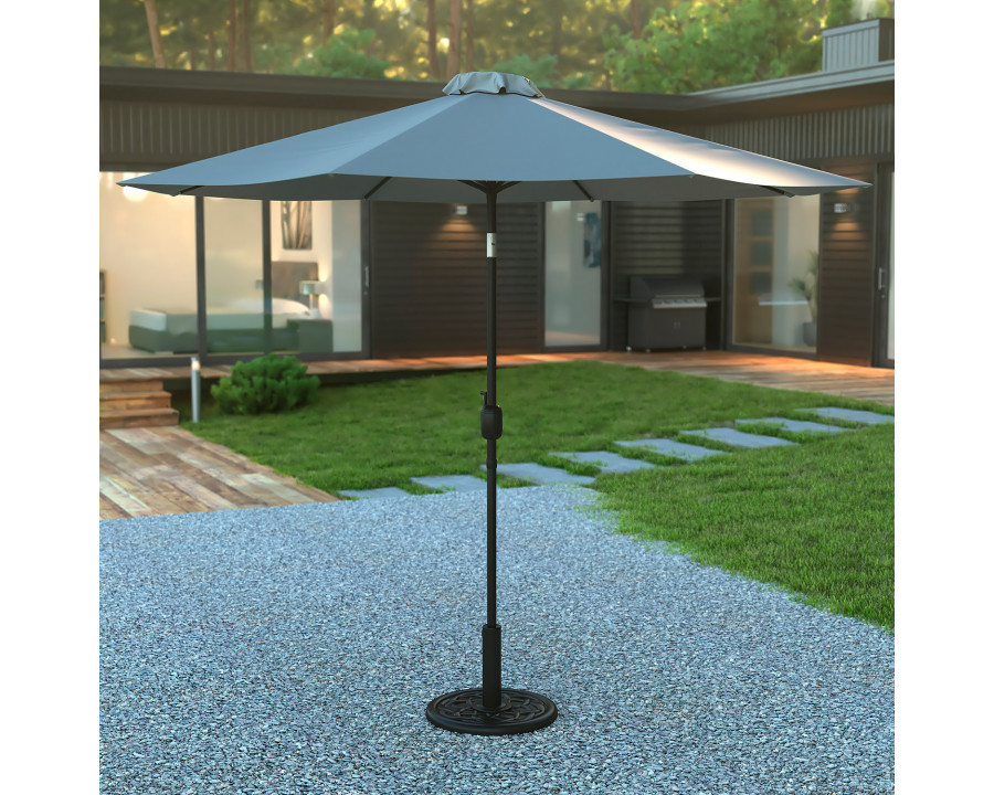 BLNK Sunny Round Umbrella with Crank and Tilt Function and Standing Umbrella Base - Gray