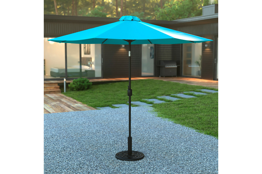 BLNK™ Sunny Round Umbrella with Crank and Tilt Function and Standing Umbrella Base - Teal