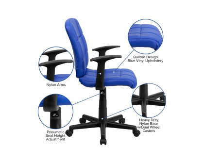 BLNK Clayton Vinyl Mid-Back Quilted Swivel Task Office Chair - Blue, with Arms