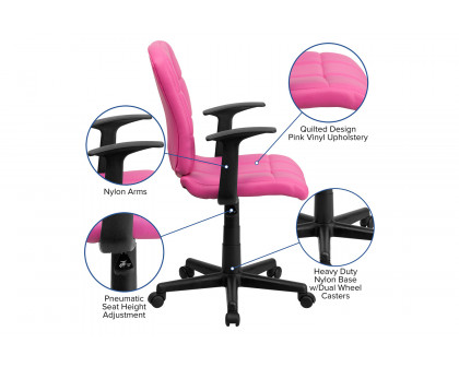 BLNK Clayton Vinyl Mid-Back Quilted Swivel Task Office Chair - Pink, with Arms