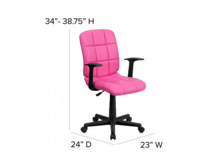 BLNK Clayton Vinyl Mid-Back Quilted Swivel Task Office Chair - Pink, with Arms