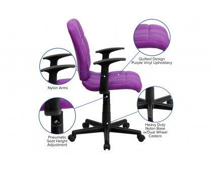 BLNK Clayton Vinyl Mid-Back Quilted Swivel Task Office Chair - Purple, with Arms