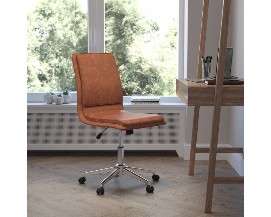 BLNK Madigan Mid-Back Armless Swivel Task Office Chair with and Adjustable Chrome Base - Cognac