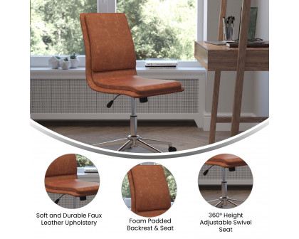 BLNK Madigan Mid-Back Armless Swivel Task Office Chair with and Adjustable Chrome Base - Cognac