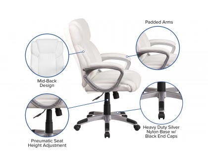 BLNK Carolyn LeatherSoft Mid-Back Executive Swivel Office Chair with Padded Arms - White