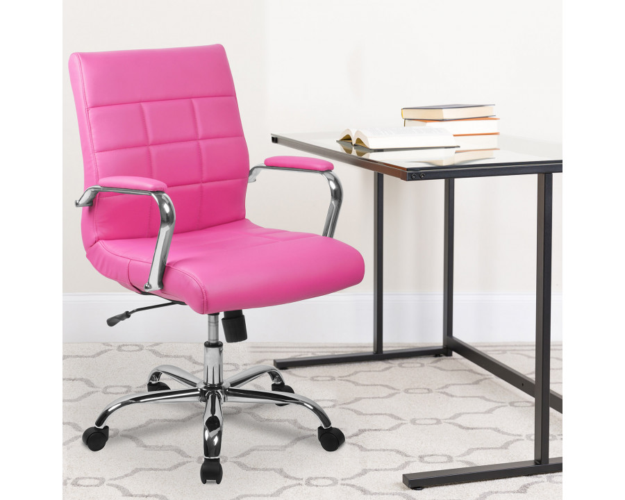 BLNK Vivian Vinyl Mid-Back Executive Swivel Office Chair with Chrome Base and Arms - Pink