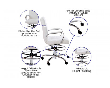 BLNK Whitney LeatherSoft Mid-Back Drafting Chair with Adjustable Foot Ring and Chrome Base - White