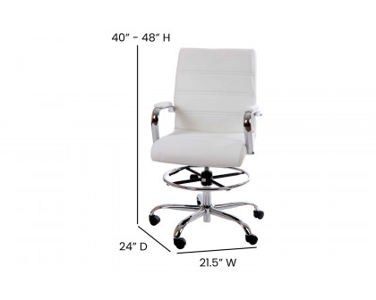 BLNK Whitney LeatherSoft Mid-Back Drafting Chair with Adjustable Foot Ring and Chrome Base - White