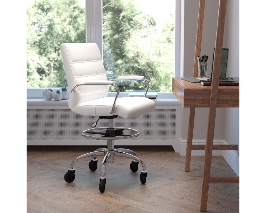 BLNK Lexi LeatherSoft Mid-Back Drafting Chair with Adjustable Foot Ring, Chrome Base, and Transparent Roller Wheels