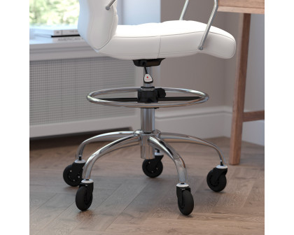 BLNK Lexi LeatherSoft Mid-Back Drafting Chair with Adjustable Foot Ring, Chrome Base, and Transparent Roller Wheels - White