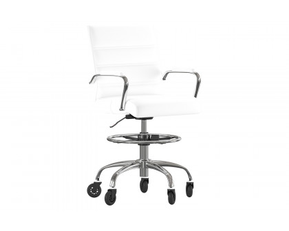 BLNK Lexi LeatherSoft Mid-Back Drafting Chair with Adjustable Foot Ring, Chrome Base, and Transparent Roller Wheels - White