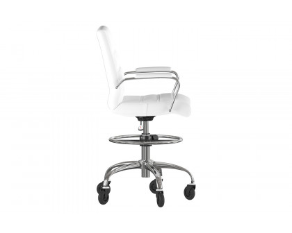 BLNK Lexi LeatherSoft Mid-Back Drafting Chair with Adjustable Foot Ring, Chrome Base, and Transparent Roller Wheels - White