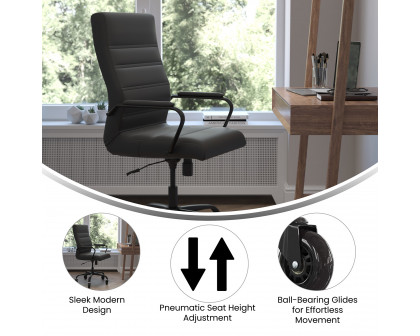 BLNK Whitney LeatherSoft High-Back Executive Swivel Office Chair with Black Frame, Arms, and Transparent Roller Wheels - Black