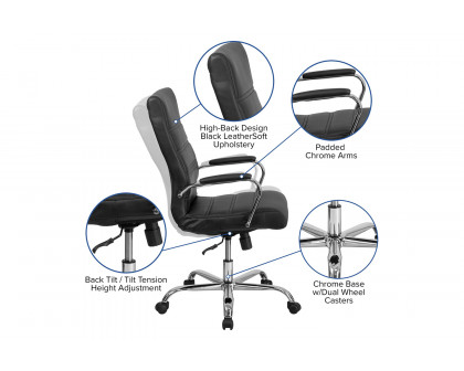 BLNK Whitney LeatherSoft High-Back Executive Swivel Office Chair with Chrome Frame and Arms - Black