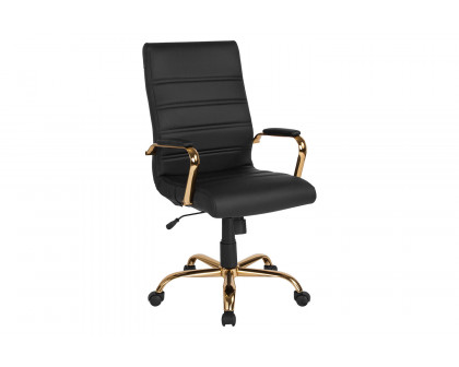 BLNK Whitney LeatherSoft High-Back Executive Swivel Office Chair with Gold Frame and Arms - Black