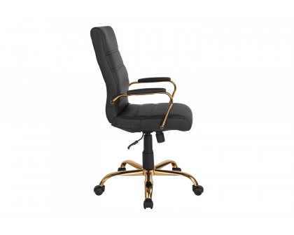 BLNK Whitney LeatherSoft High-Back Executive Swivel Office Chair with Gold Frame and Arms - Black