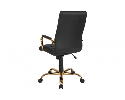 BLNK Whitney LeatherSoft High-Back Executive Swivel Office Chair with Gold Frame and Arms - Black