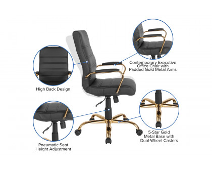 BLNK Whitney LeatherSoft High-Back Executive Swivel Office Chair with Gold Frame and Arms - Black