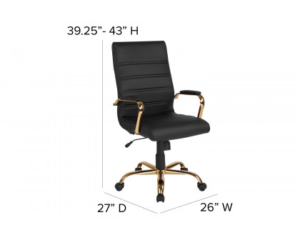 BLNK Whitney LeatherSoft High-Back Executive Swivel Office Chair with Gold Frame and Arms - Black