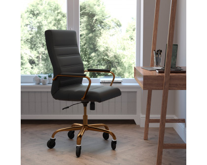 BLNK Whitney LeatherSoft High-Back Executive Swivel Office Chair with Gold Frame, Arms, and Transparent Roller Wheels