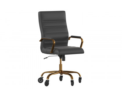 BLNK Whitney LeatherSoft High-Back Executive Swivel Office Chair with Gold Frame, Arms, and Transparent Roller Wheels - Black