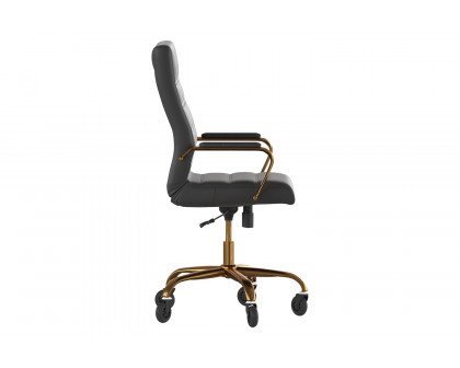 BLNK Whitney LeatherSoft High-Back Executive Swivel Office Chair with Gold Frame, Arms, and Transparent Roller Wheels - Black