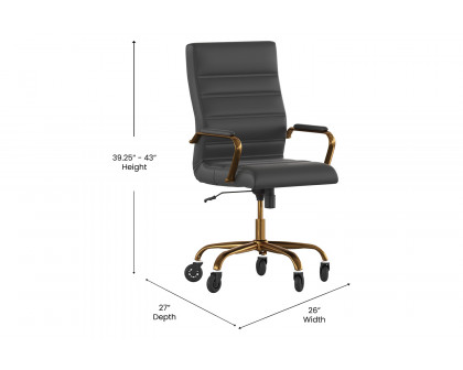 BLNK Whitney LeatherSoft High-Back Executive Swivel Office Chair with Gold Frame, Arms, and Transparent Roller Wheels - Black