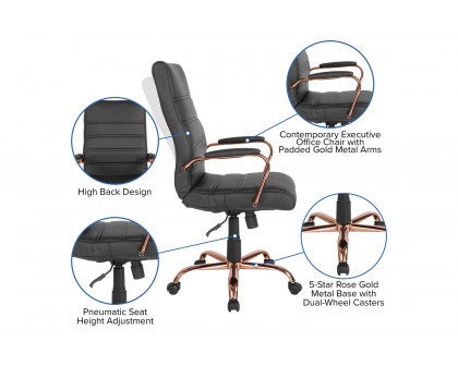 BLNK Whitney LeatherSoft High-Back Executive Swivel Office Chair with Rose Gold Frame and Arms - Black