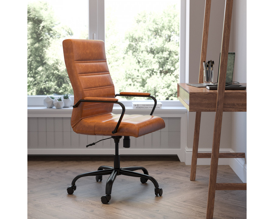 BLNK Whitney LeatherSoft High-Back Executive Swivel Office Chair with Black Frame and Arms - Brown